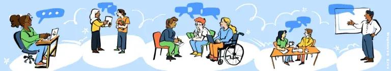 Colourful illustration of staff and students