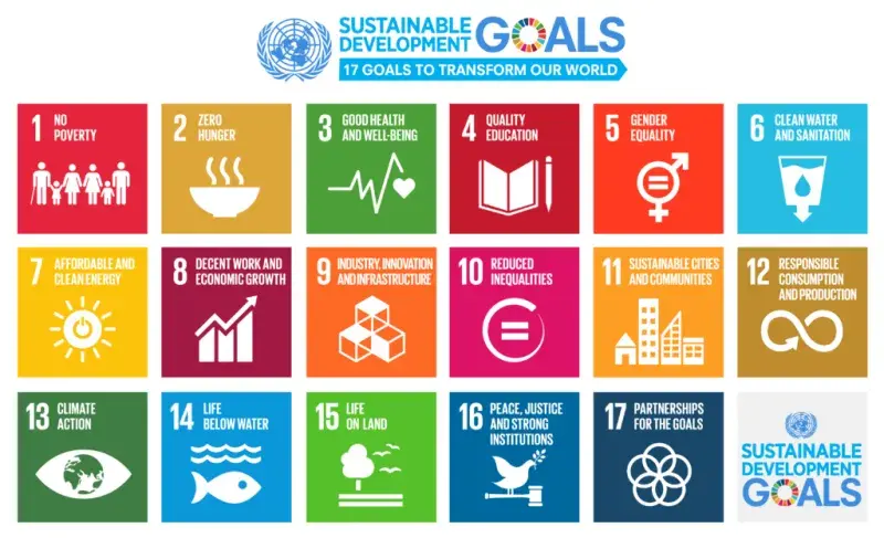 Colourful diagram listing 17 sustainable development goals