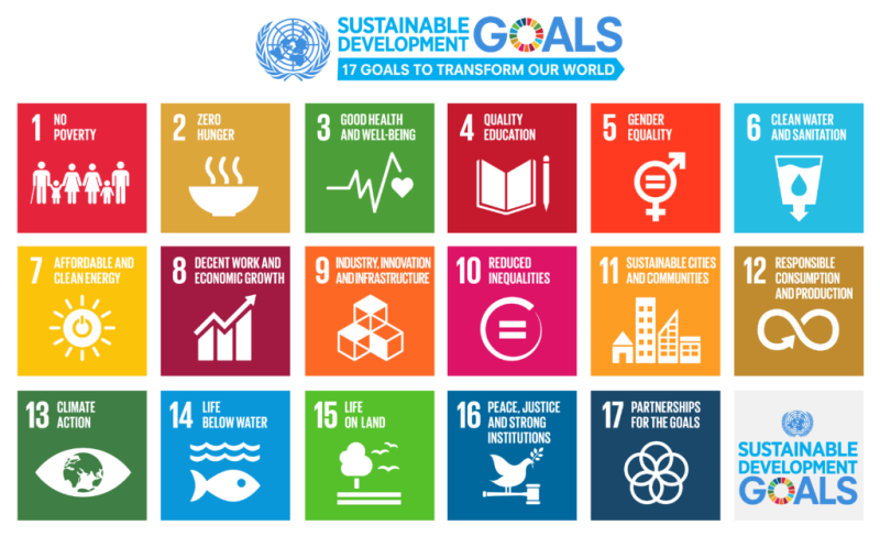 Colourful diagram listing 17 sustainable development goals